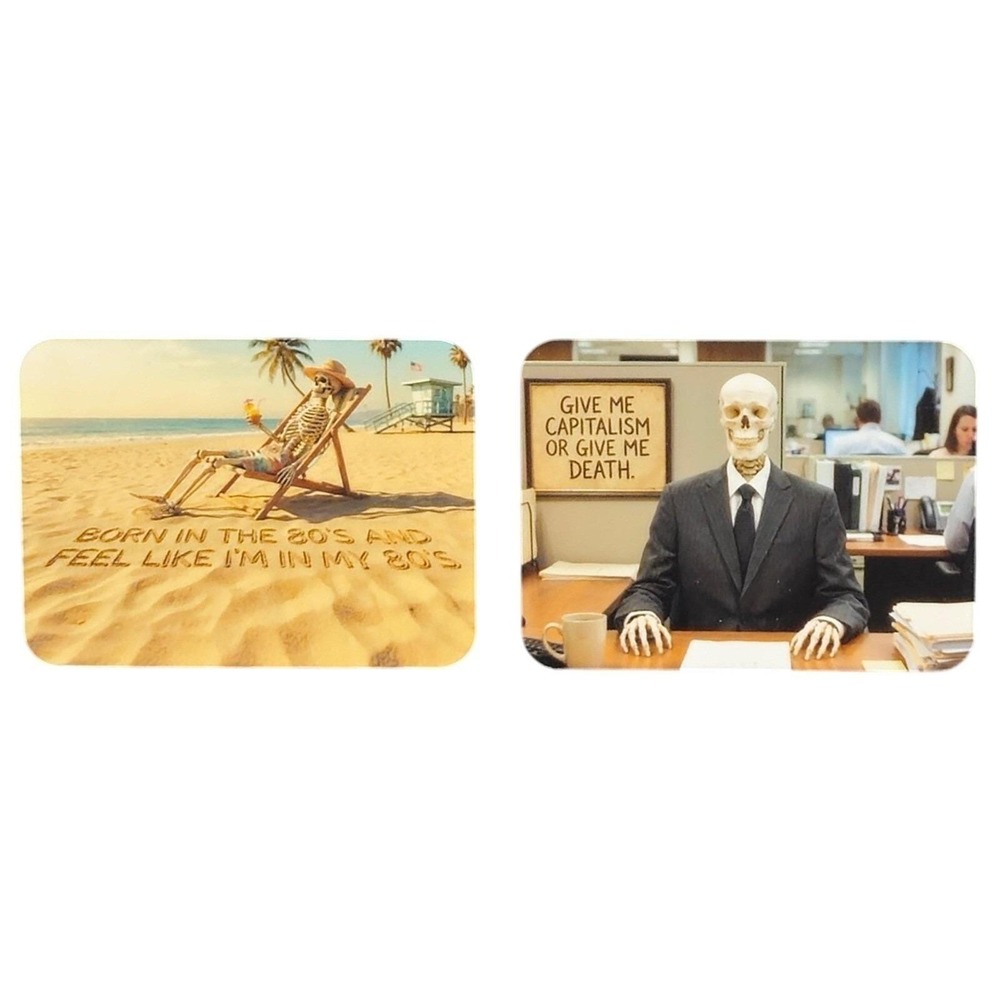 Skeleton Funny 80s Capitalism Fridge Set of 2 Magnets Set Work GenX Humor
